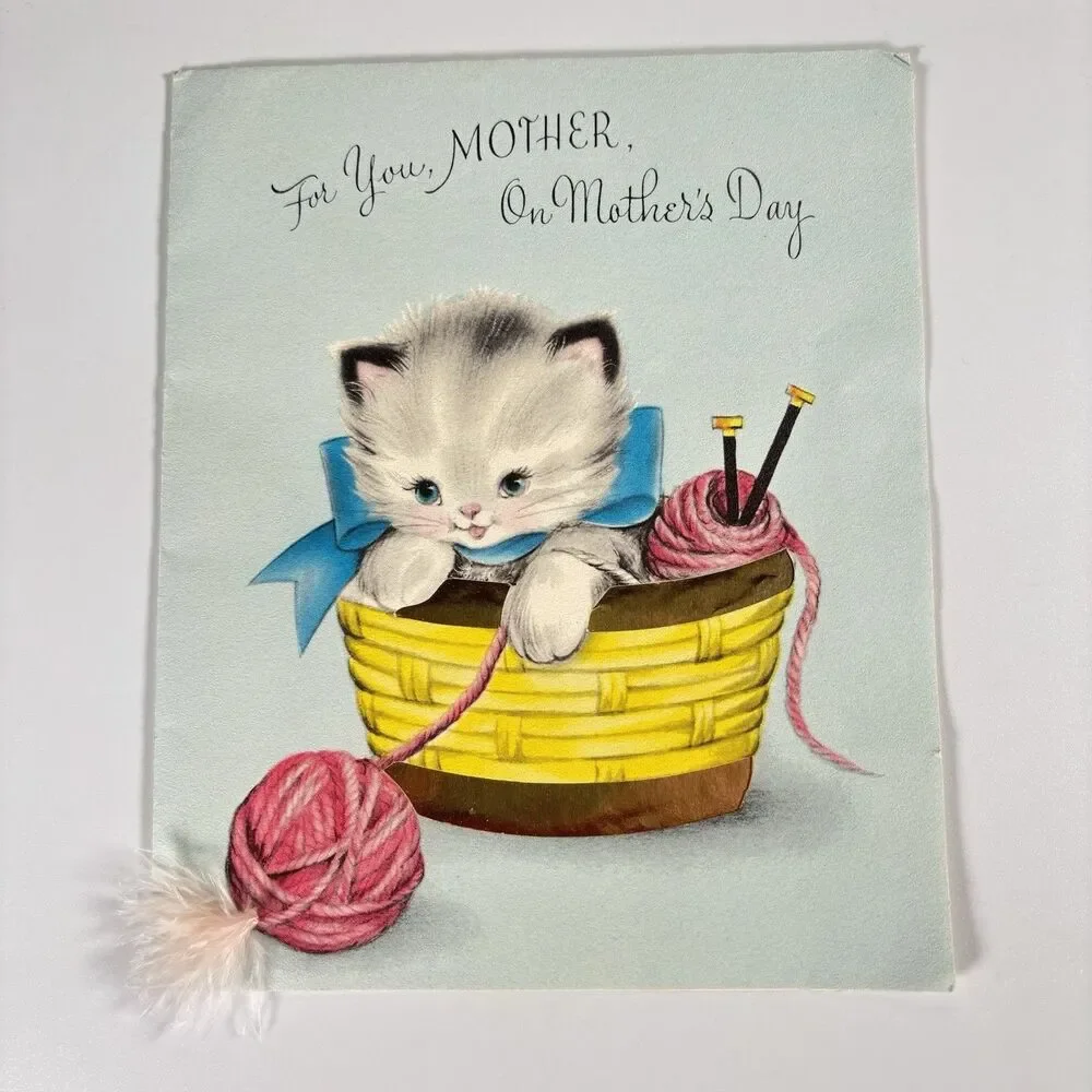 Vintage Mother’s Day Card Kitten Yarn Basket Forget Me Not Cat Kitty Greeting